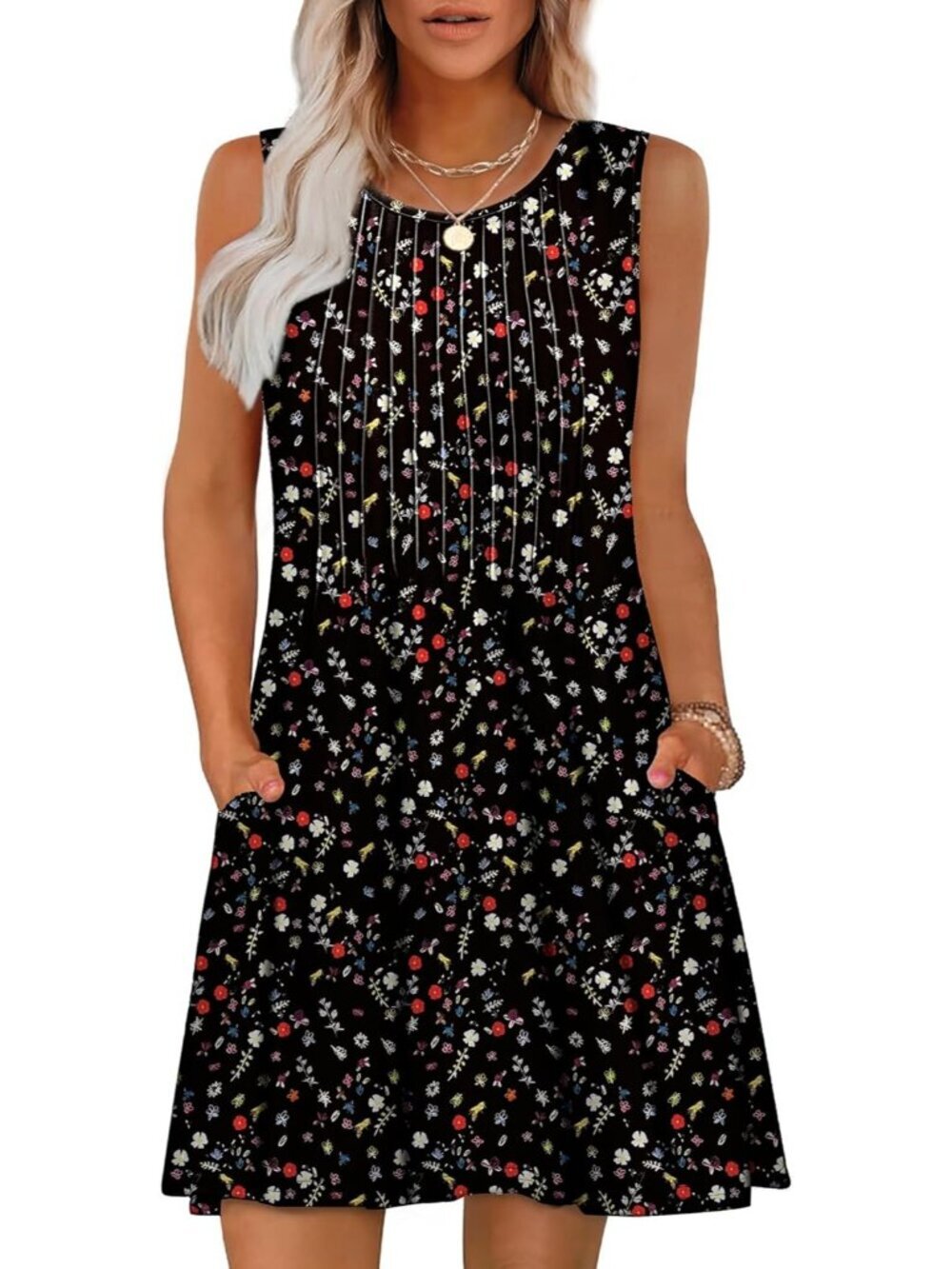 Women's Floral Black Beach Vacation Casual Crew Neck Sleeveless Sun Mini Dress